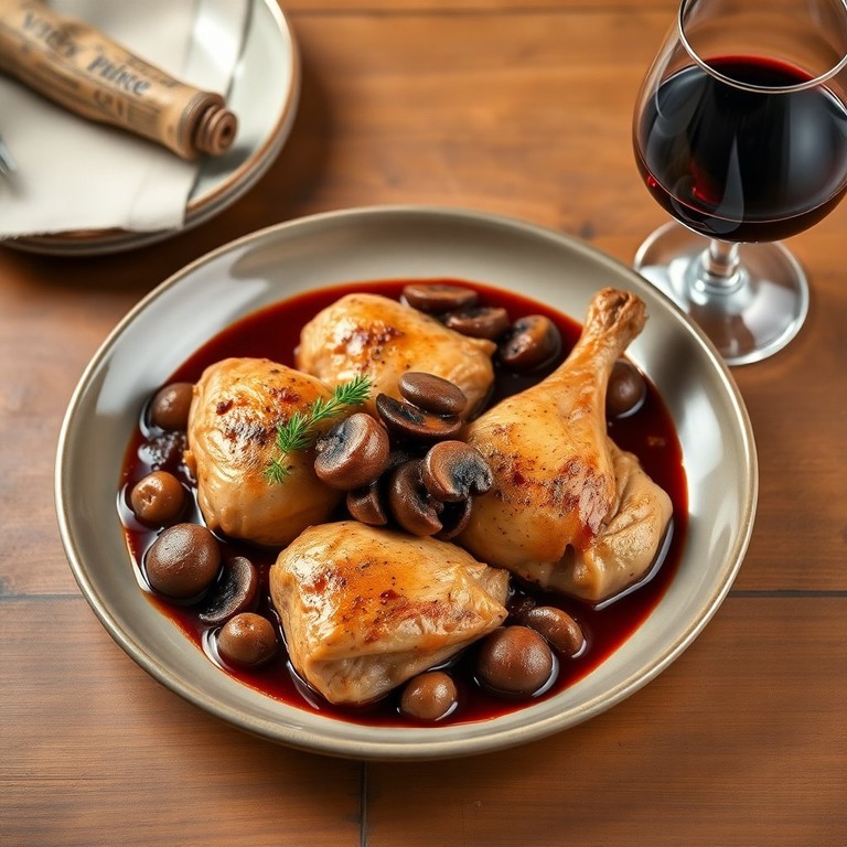Coq au Vin: Poulet Tendre Braisé au Vin Rouge avec Champignons et Lardons