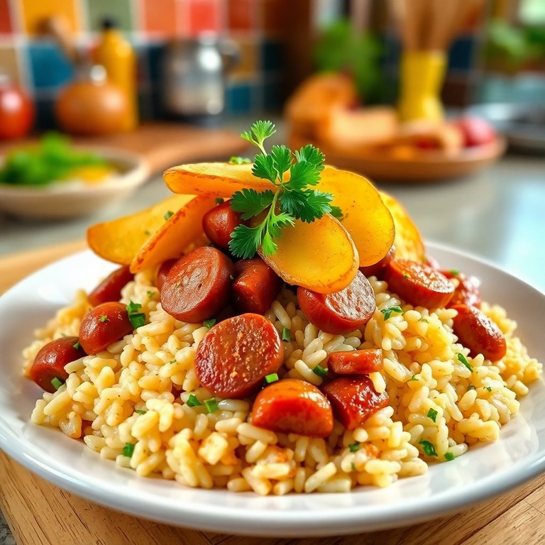 Arroz com Salsicha e Batata Crocante