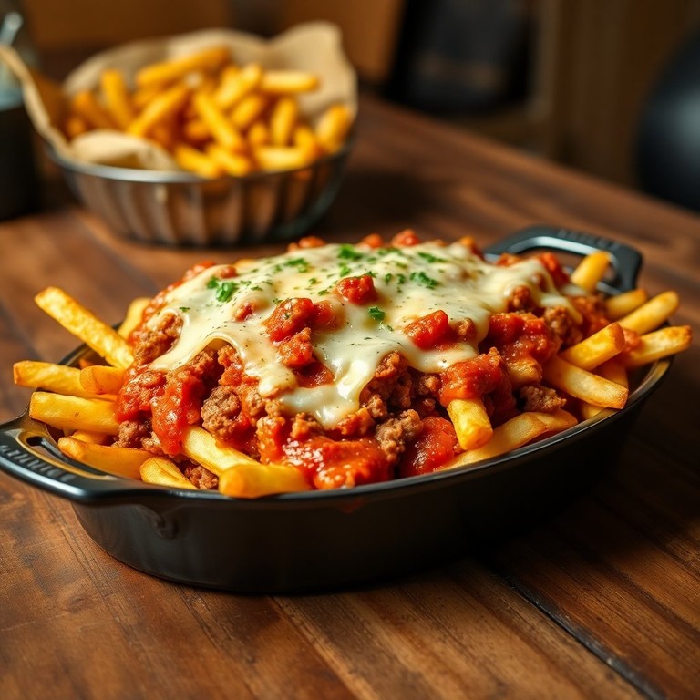 Überbackene Pommes mit Hackfleisch und Tomatensauce