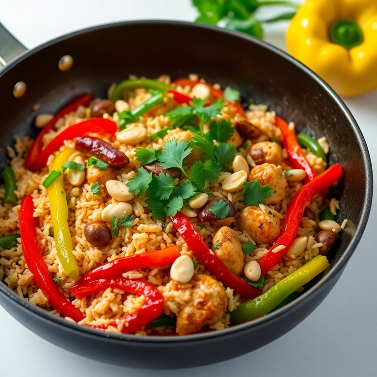 Asiatische Hähnchen-Reispfanne mit Erdnüssen und Paprika