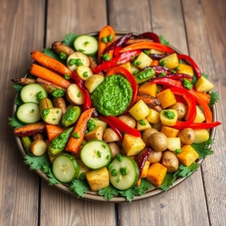 Mediterranean Roasted Vegetable Platter with Pesto Drizzle