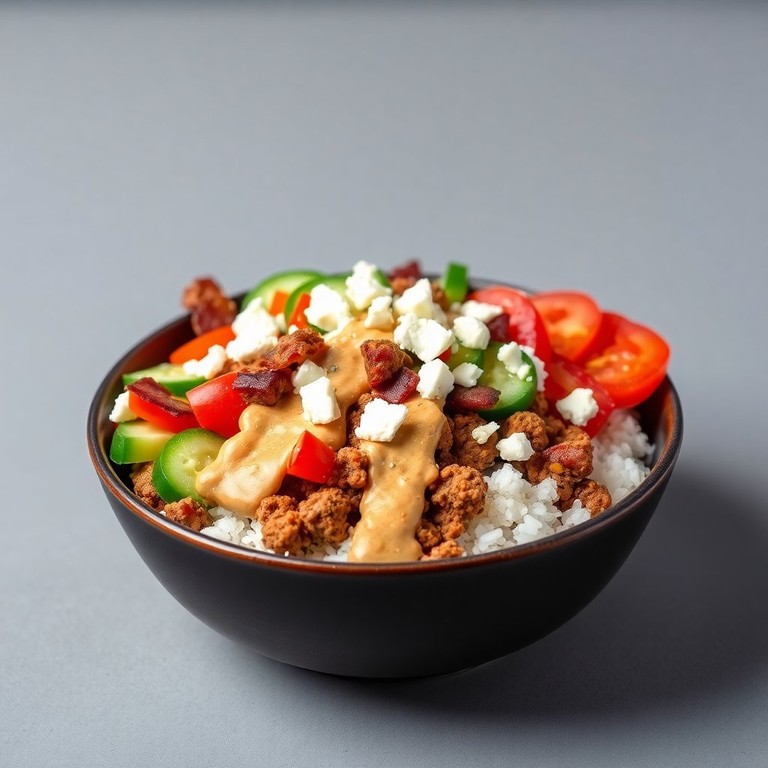 Bunte Gemüse-Hackfleisch-Bowl mit Erdnussbutter-Dressing