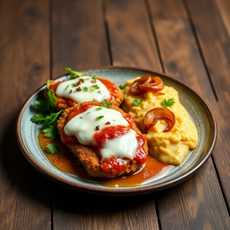 Frango à Parmegiana com Purê de Batata e Cenoura