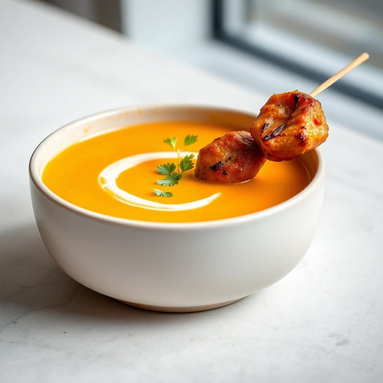 Kürbisschaumsuppe mit exotischem Saté von der Perlhuhnbrust