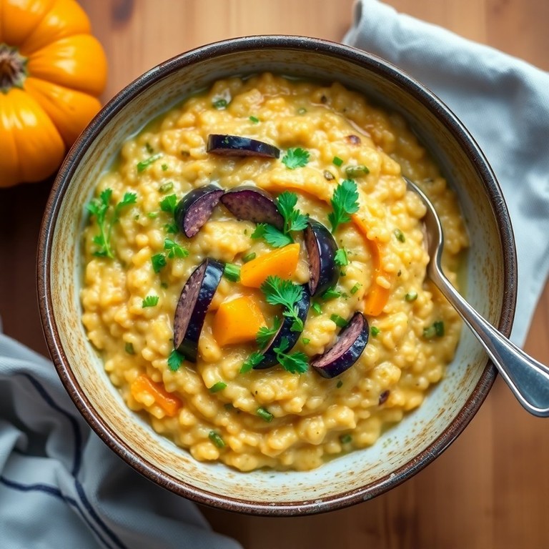 Hokkaido-Kürbis und Auberginen Risotto mit frischen Kräutern