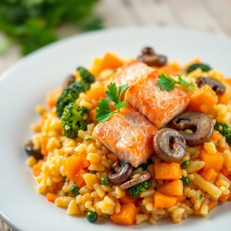 Zoete Aardappel en Broccoli Rijstschotel met Champignon en Zalm