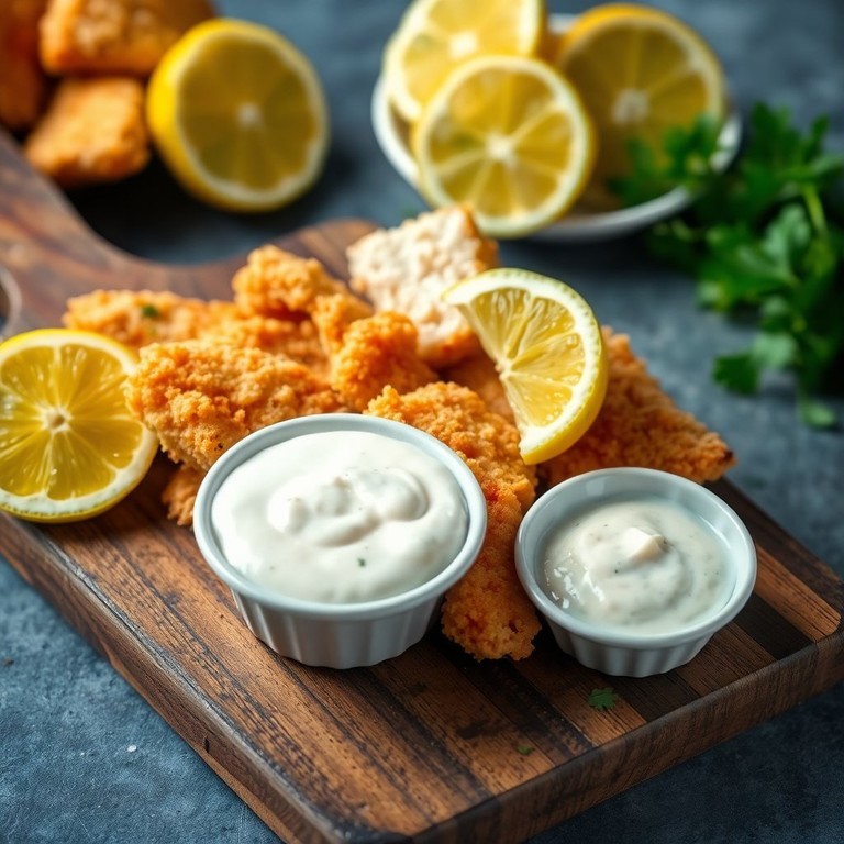 Iscas de Peixe Branco com Molho Tártaro em Gramas