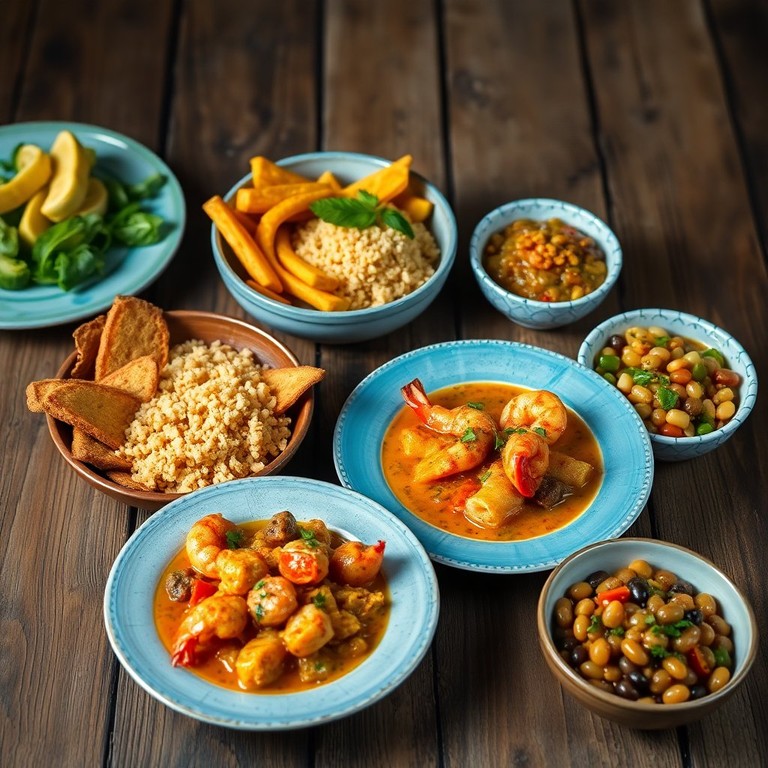 Moqueca de Peixe e Camarão com Banana da Terra, Cuscuz e Vinagrete de Feijão Fradinho com Biri Biri em Gramas