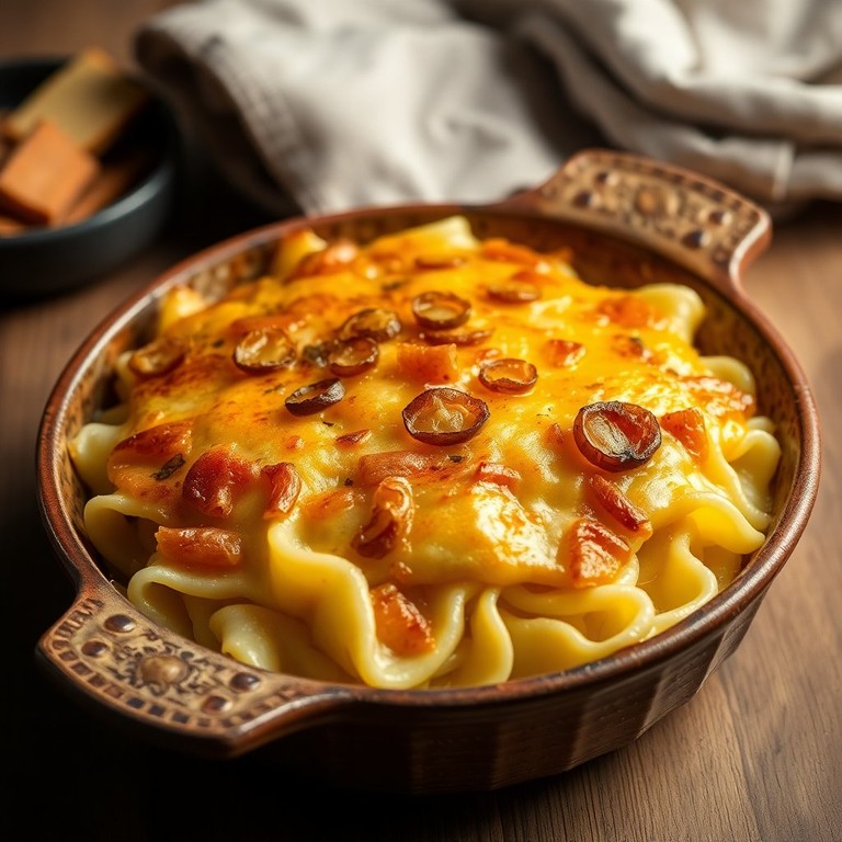 Kartoffel-Nudel-Auflauf mit Käse und Zwiebeln