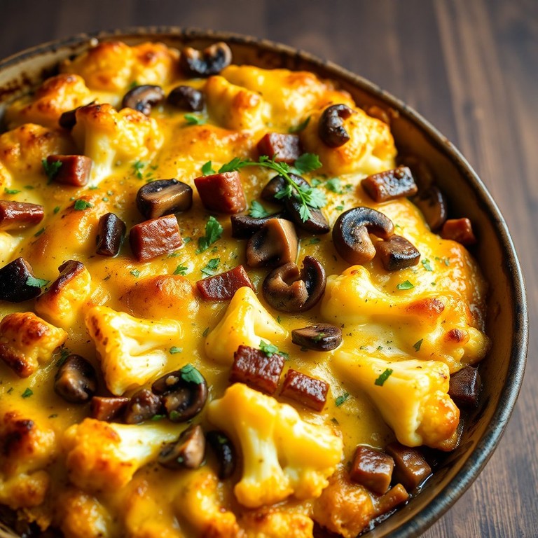 Chorizo and Mushroom Cauliflower Bake with Cheesy Crust