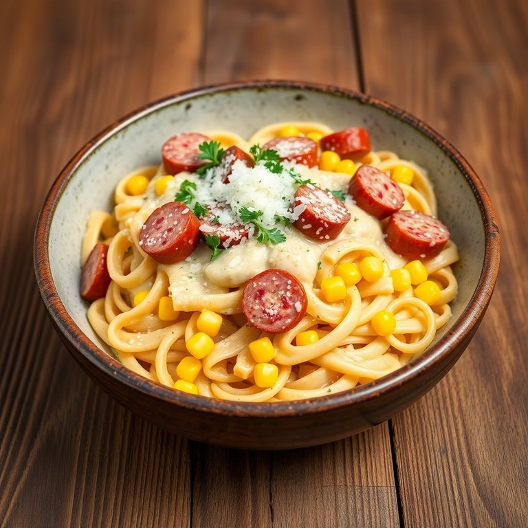 Macarrão ao Molho Branco com Milho e Linguiça