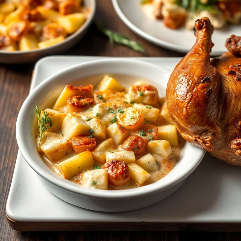 Gratin de Topinambours et Pommes de Terre à la Crème d'Ail et Poulet Rôti
