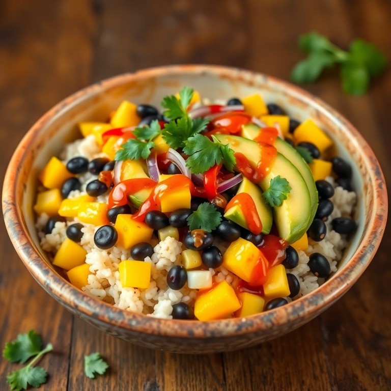 Mango-Avocado-Reis-Bowl mit Chili-Limetten-Sauce