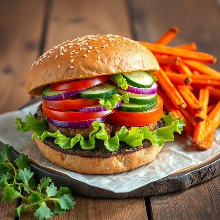 Volkoren Hamburger met Zoete Aardappel Frietjes