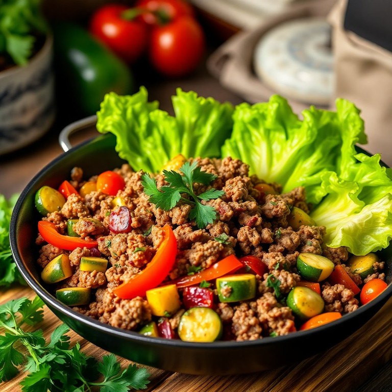 Rinderhackfleisch-Pfanne mit Kopfsalat und buntem Gemüse