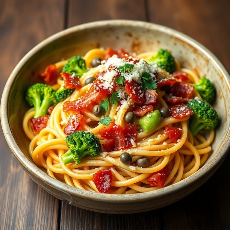 Macarrão Salteado com Bacon, Brócolis e Alcaparras
