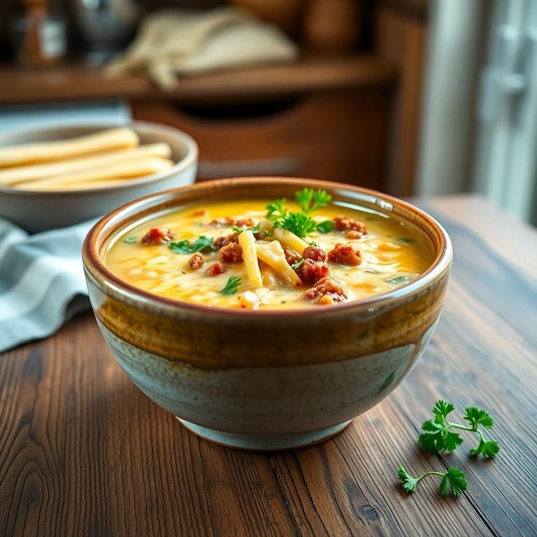 Herzhafte Kartoffel-Lauch-Suppe mit Schmelzkäse und Veggi-Hack
