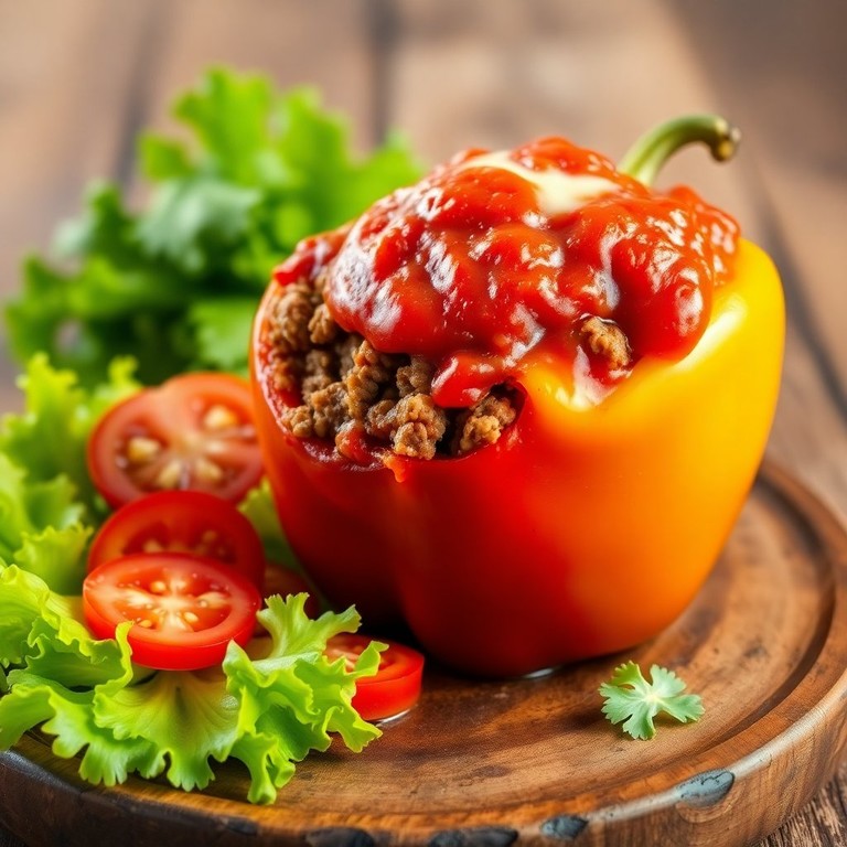 Hambúrguer Artesanal de Carne Moída com Molho de Tomate e Queijo em Pimentão Recheado