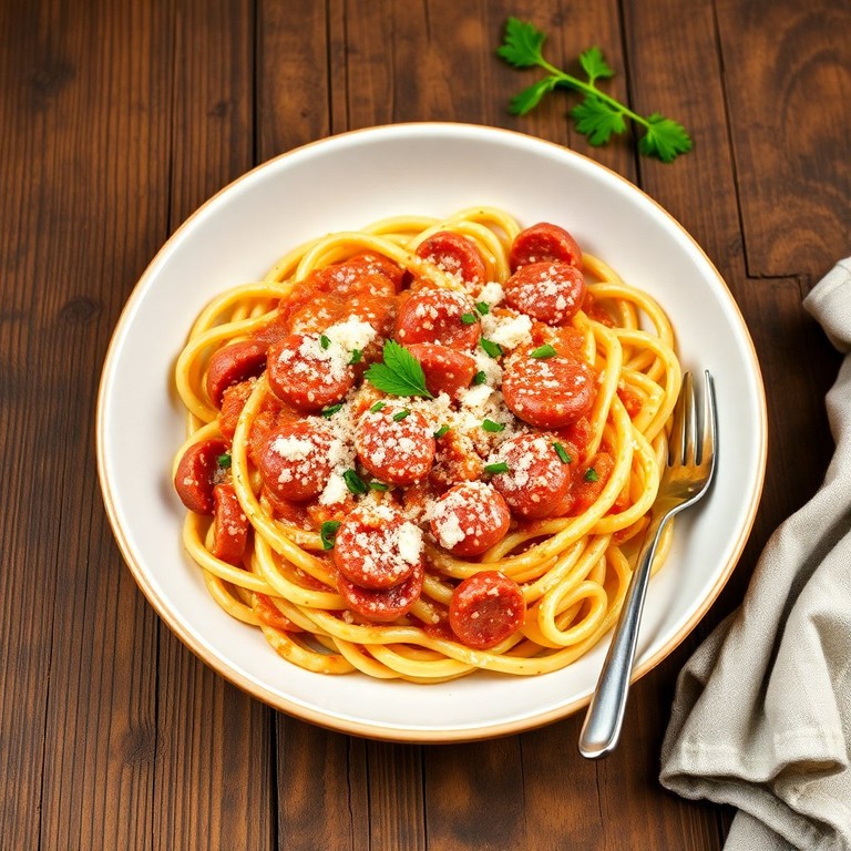 Käse-Salami-Nudeln mit cremiger Tomatensauce