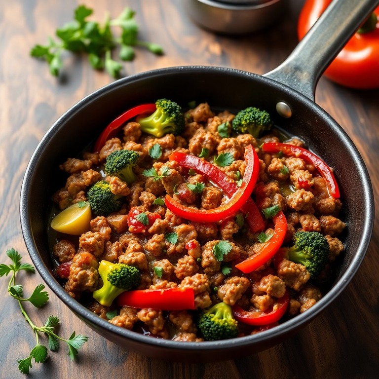 Paprika-Hackfleisch-Pfanne mit Brokkoli und würziger Soße
