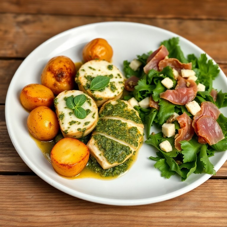 Pollo al Pesto con Patatas Asadas y Ensalada de Jamón Serrano