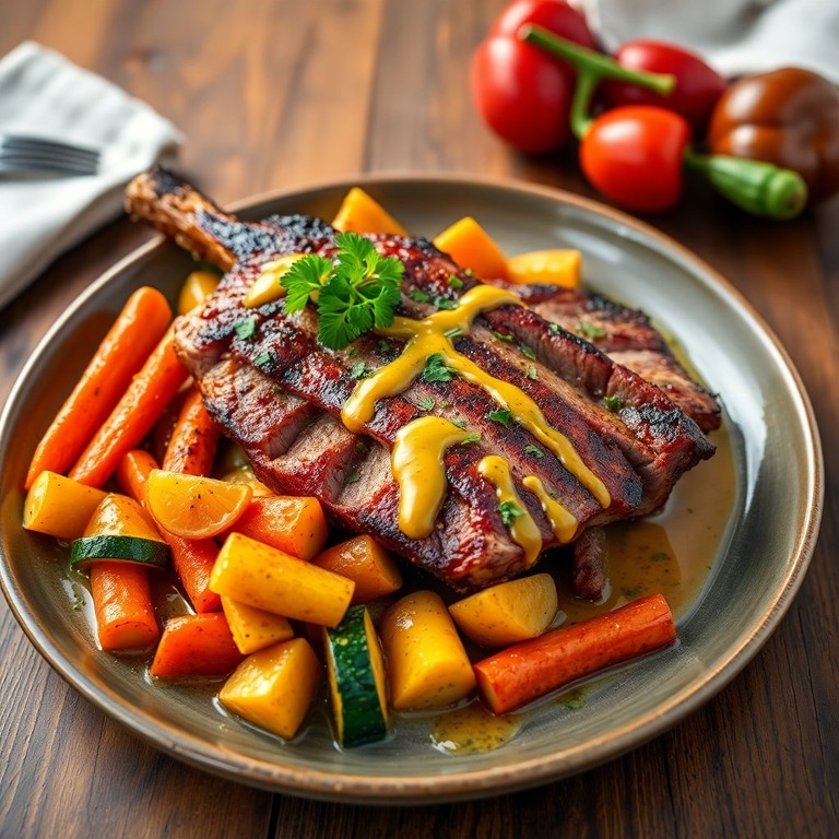 Picanha Suína no Forno com Legumes e Molho de Mostarda