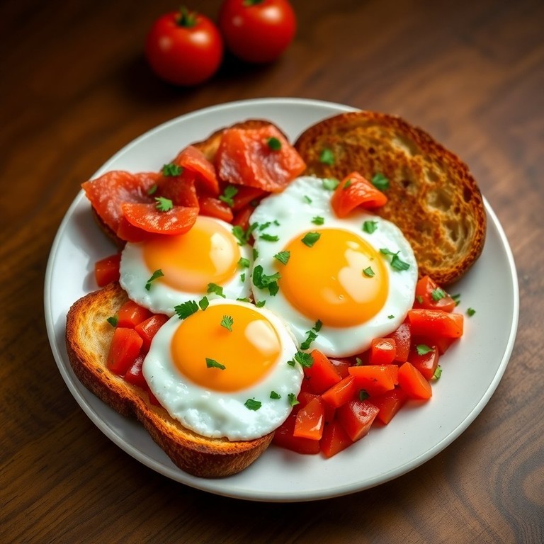 Huevos Rotos con Tomate Fresco y Pan Crujiente