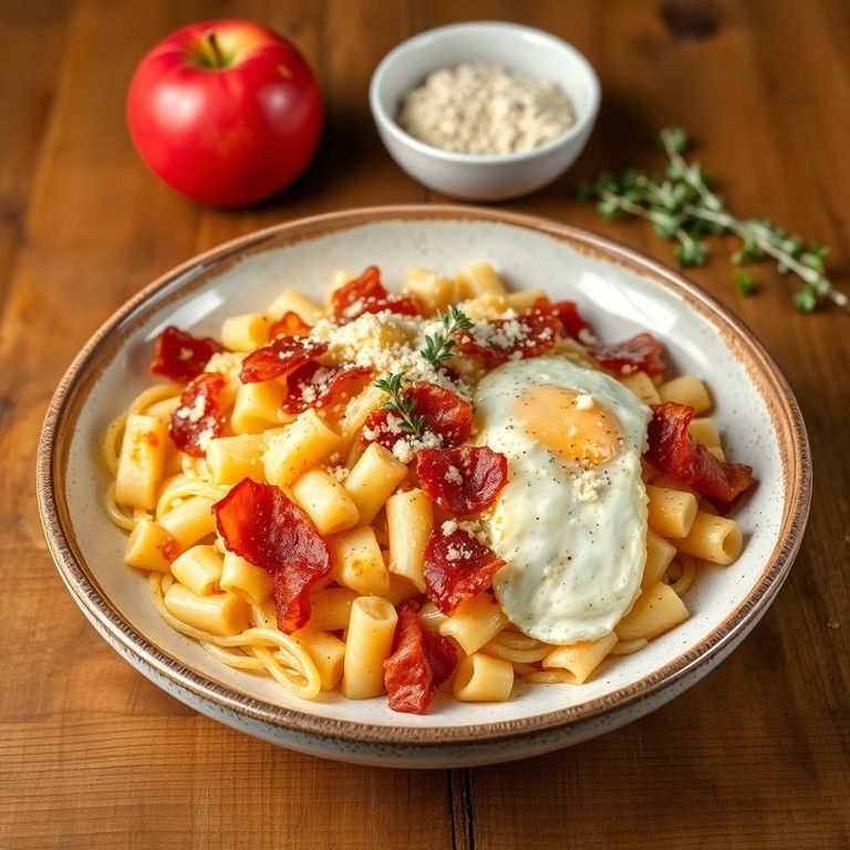 Pasta con Bacon, Manzana y Huevo