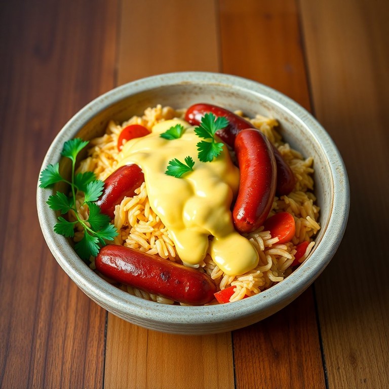 Arroz Linguiça Fresca com Molho de Mostarda e Maionese