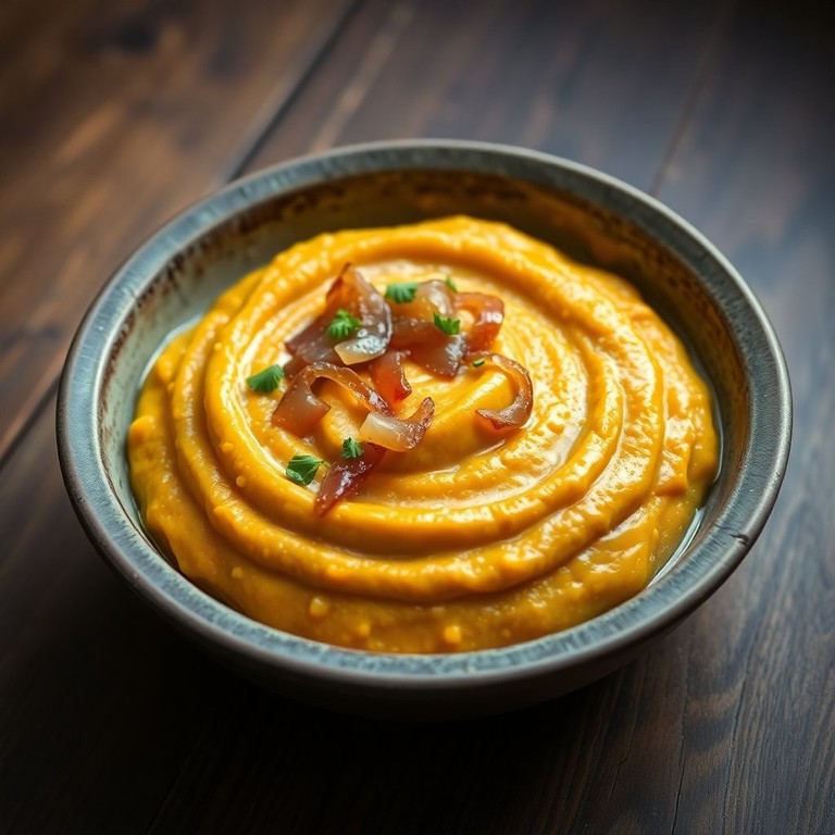 Purê de Batata Doce com Cebola Caramelizada e Farinha de Trigo