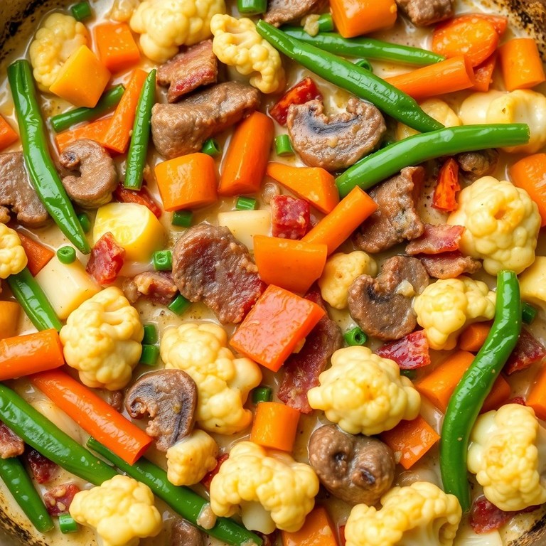 Bunte Gemüsepfanne mit Rindfleisch und Speck