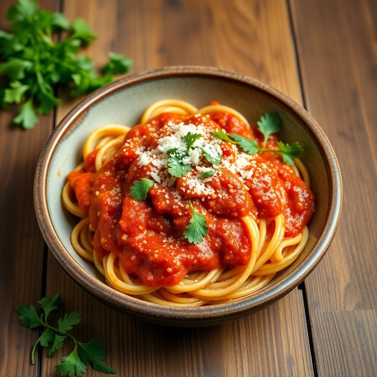 Pasta met Tomatenpuree, Peterselie en Rucola