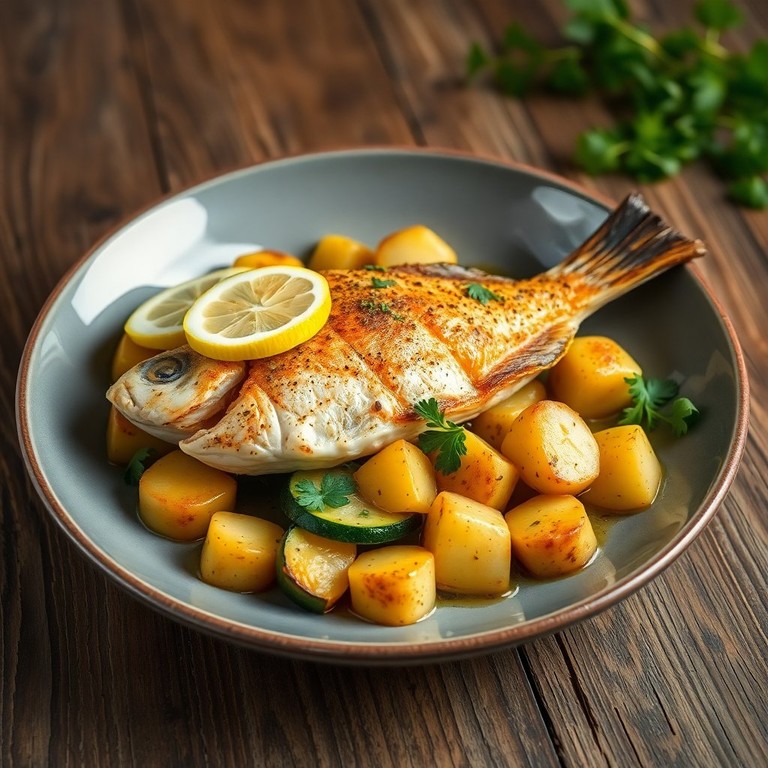 Peixe Assado com Abobrinha e Batata ao Limão