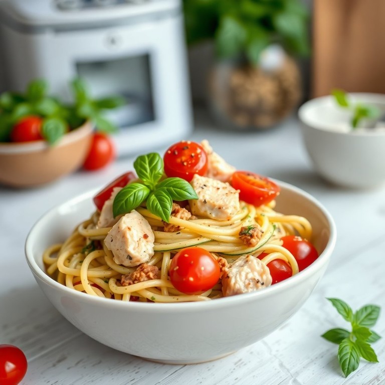 Romige Courgette Pasta met Kip en Cherrytomaten