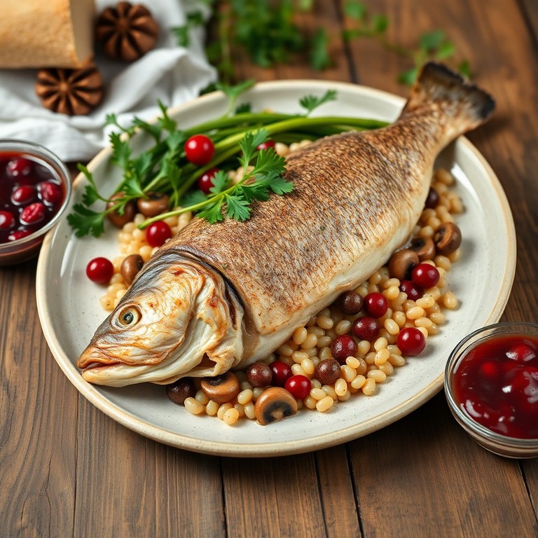 Щука, фаршированная грибами, перловкой и клюквой