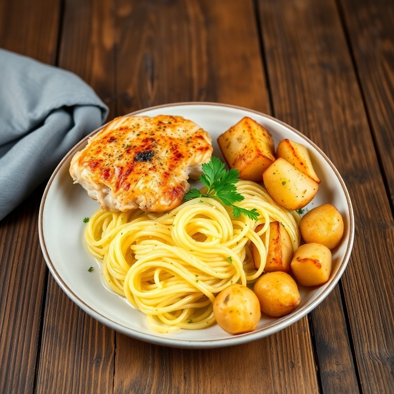 Hühnerbrust mit Spaghetti-Kürbis und Kräuter-Kartoffeln