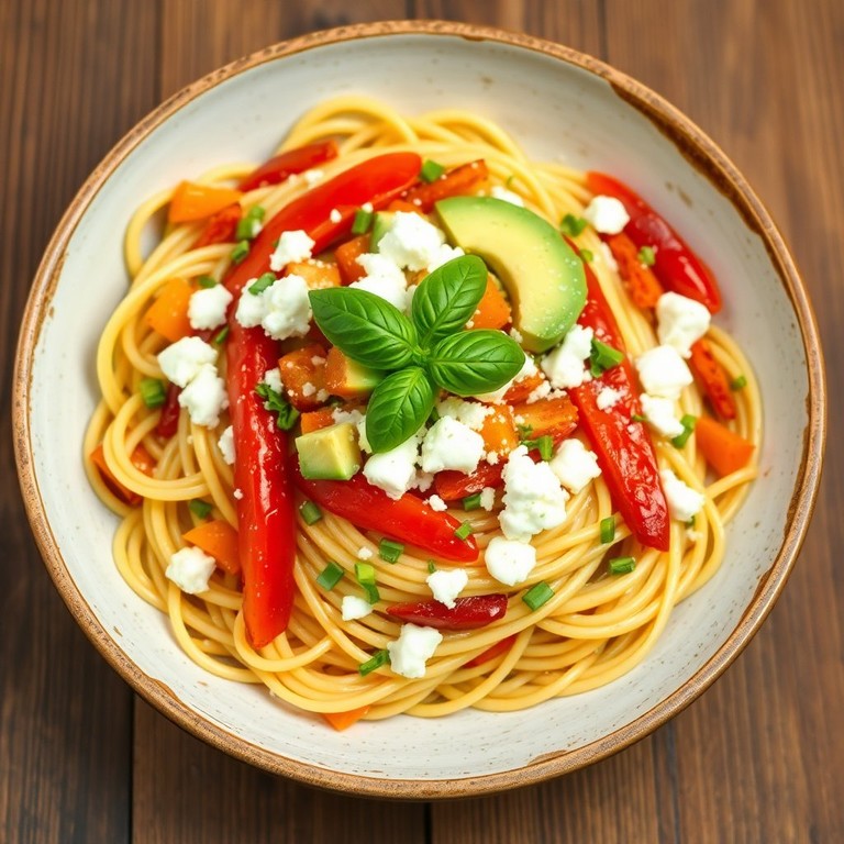 Spaghetti Crémeux à la Feta et Poivrons Rôtis