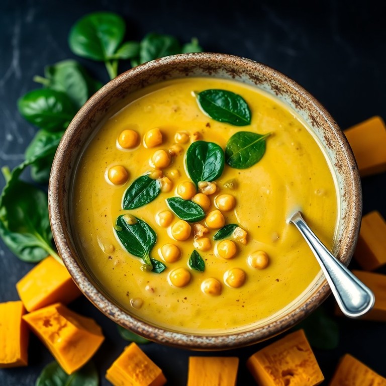 Crema Vegetal de Garbanzos y Calabaza con Espinacas Frescas