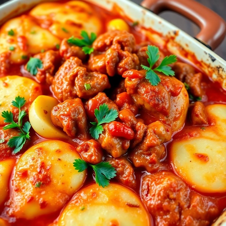 Savory Spicy Beef and Chicken Casserole with Creamy Potatoes