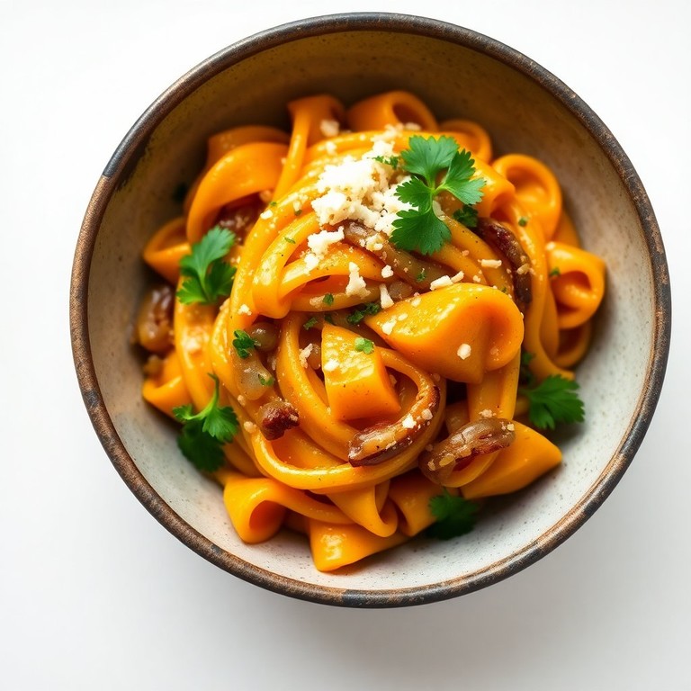 Herzhafte Kürbis-Nudel-Pfanne mit Zwiebeln und Knoblauch