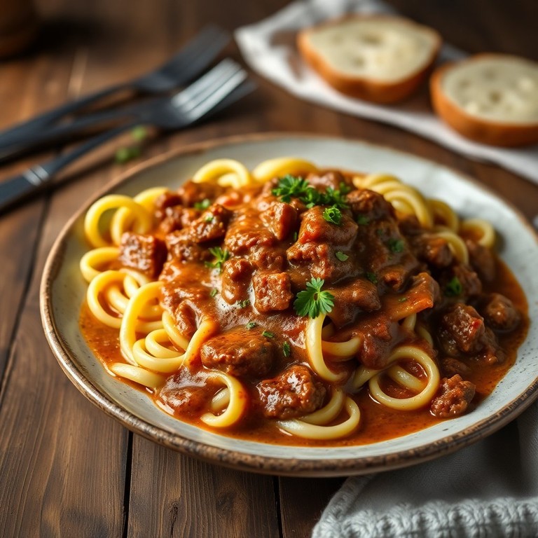 Spätzle mit herzhaftem Gulasch und Bratensoße