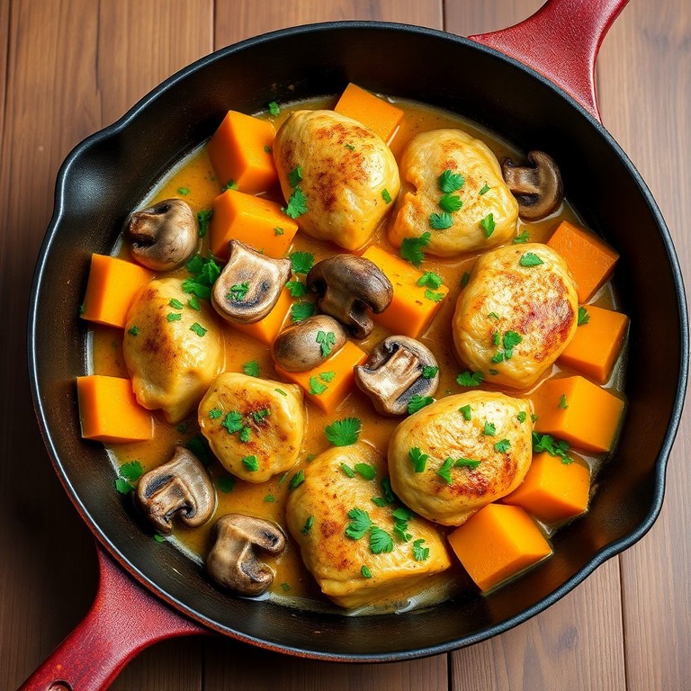 Kürbis-Poulet-Pfanne mit Pilzen und Kräutern