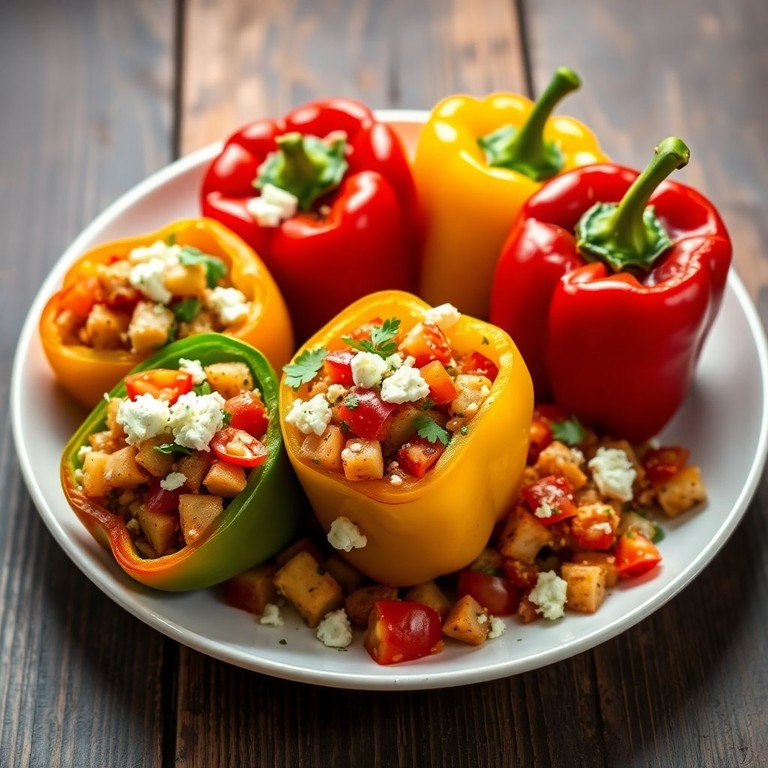 Mediterranean Stuffed Bell Peppers with Savory Potato, Tomato, and Onion Filling
