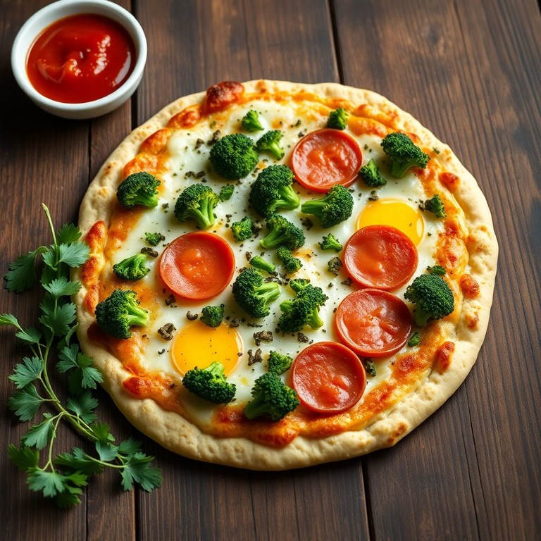 Low Carb Breakfast Cauliflower Pizza with Broccoli and Three Cheese Blend