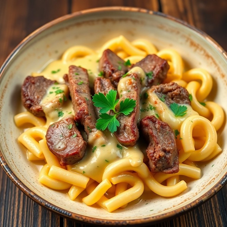 Picanha ao Molho de Queijo com Macarrão