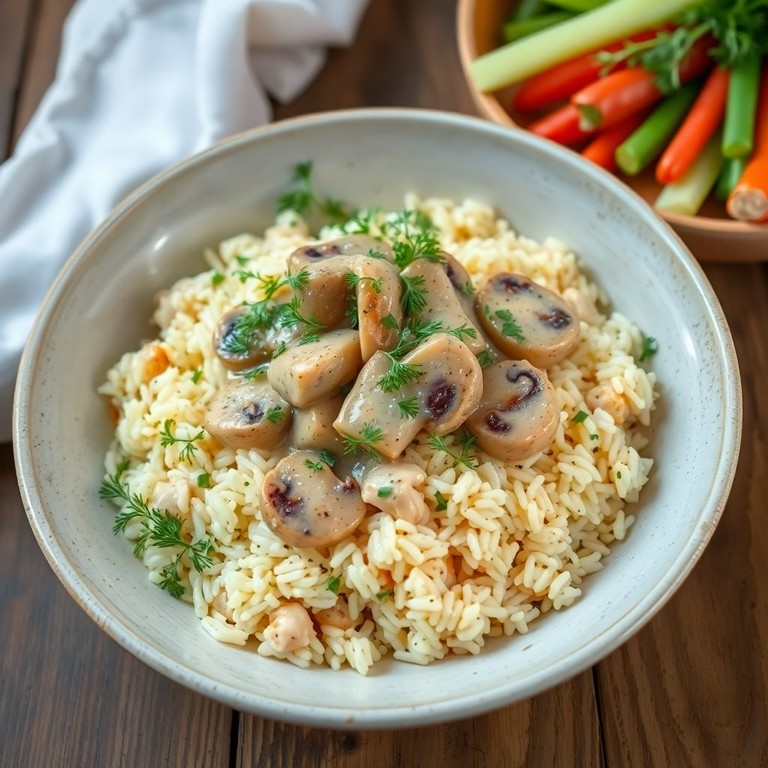 Рис с курицей и грибами в укропном соусе
