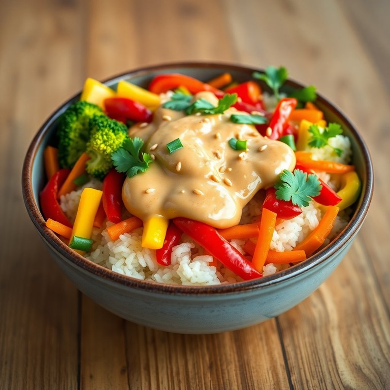 Asiatische Reisbowl mit knackigem Gemüse und würziger Erdnusssauce