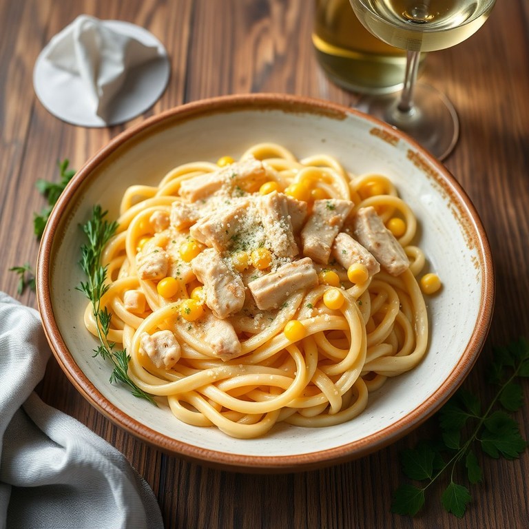 Macarrão ao Molho de Frango e Milho Verde