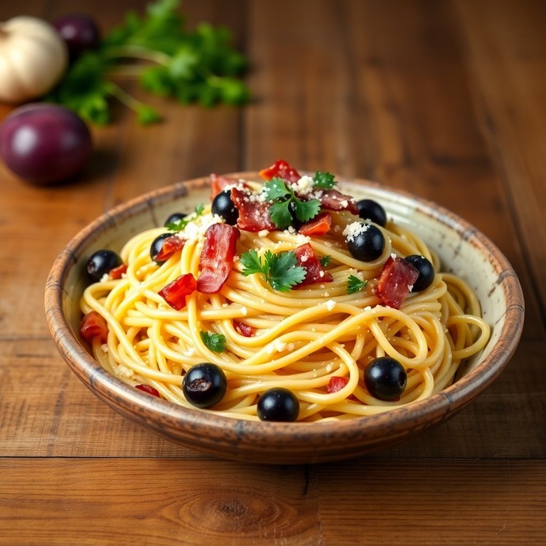 Garlic Bacon Pasta with Olive Medley