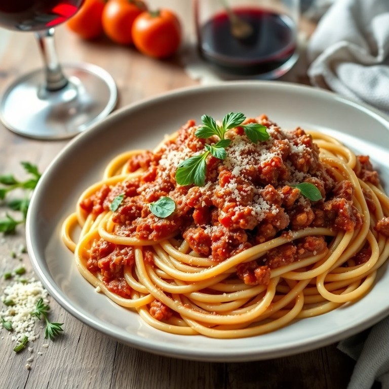 Spaghetti Bolognese mit frischen Kräutern und Parmesan